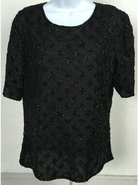 Vintage Sténay Top Black Beaded Silk Blouse Short Sleeve Back Zip Lined Women